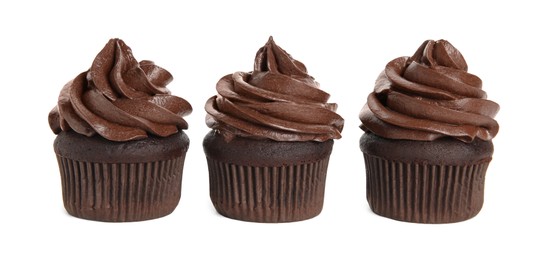 Photo of Delicious chocolate cupcakes with cream on white background