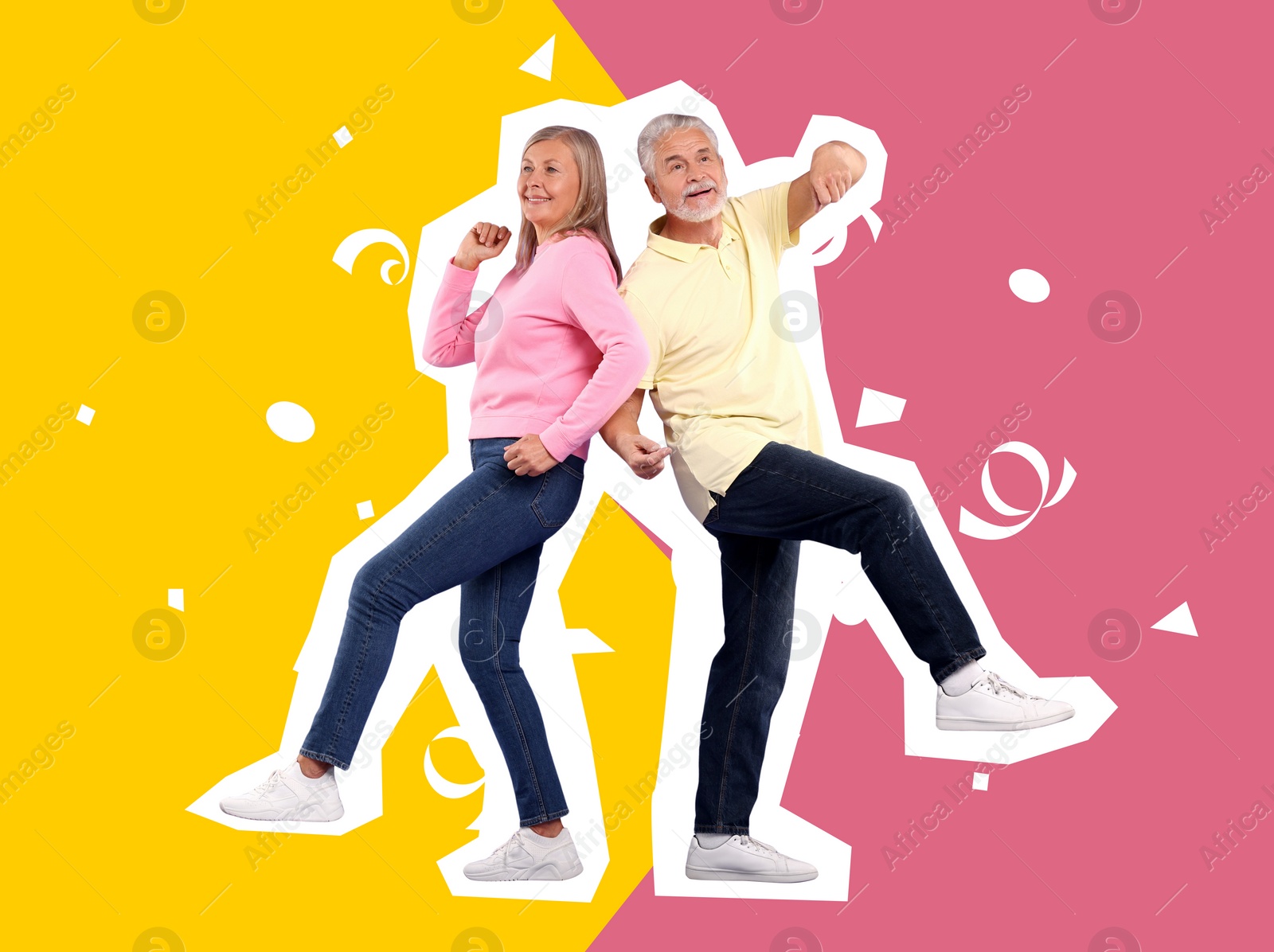 Image of Happy couple dancing on bright background. Creative collage with stylish mature man and woman. Concept of music, energy, party, fashion, lifestyle