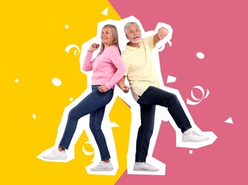 Happy couple dancing on bright background. Creative collage with stylish mature man and woman. Concept of music, energy, party, fashion, lifestyle