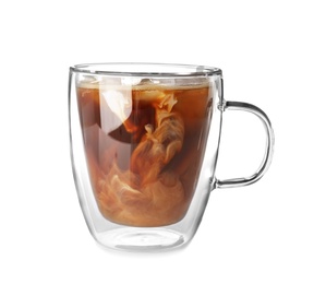 Photo of Cup with cold brew coffee and milk on white background