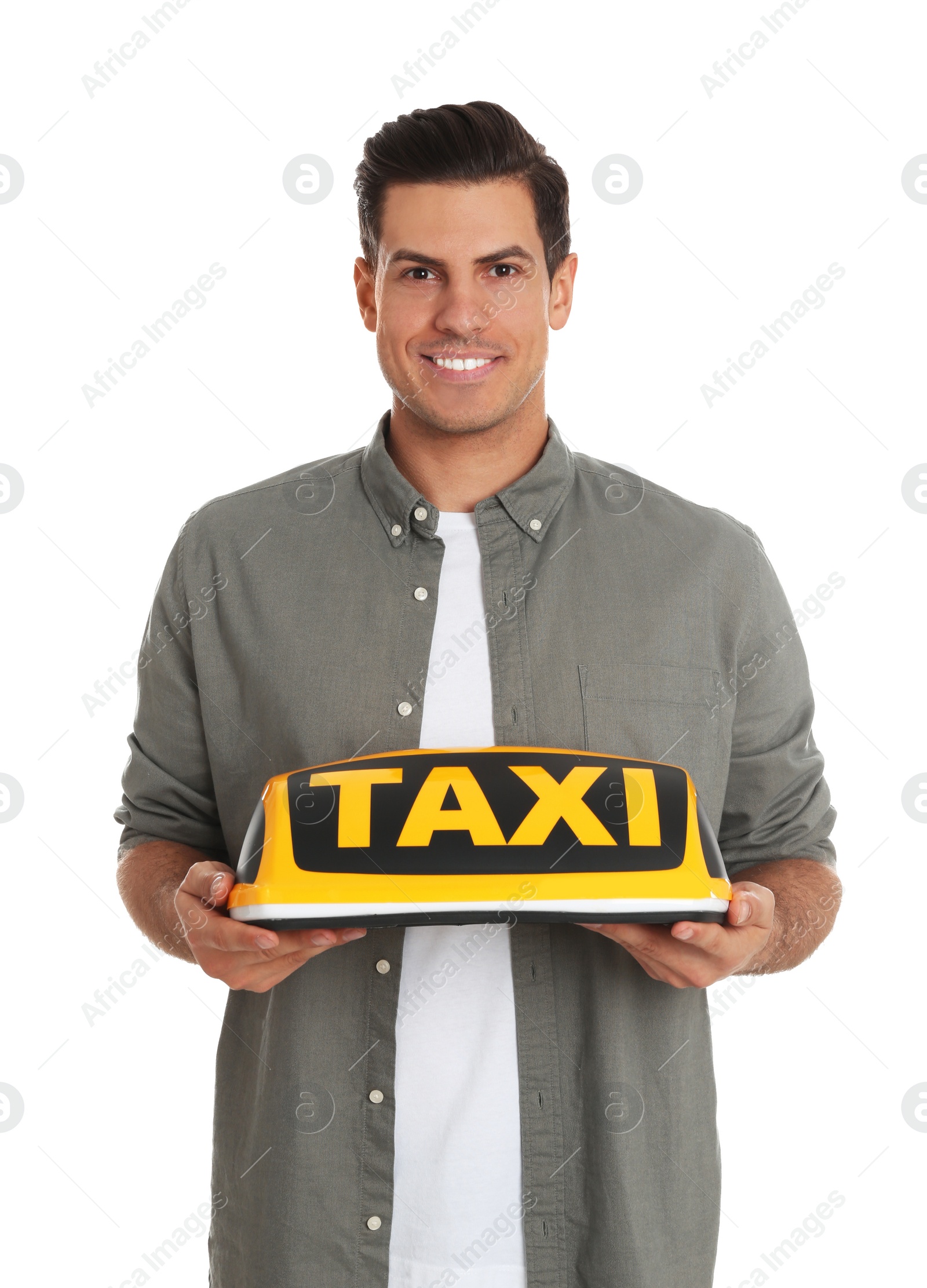 Photo of Man holding taxi sign on white background