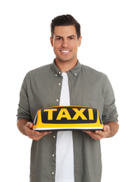 Man holding taxi sign on white background