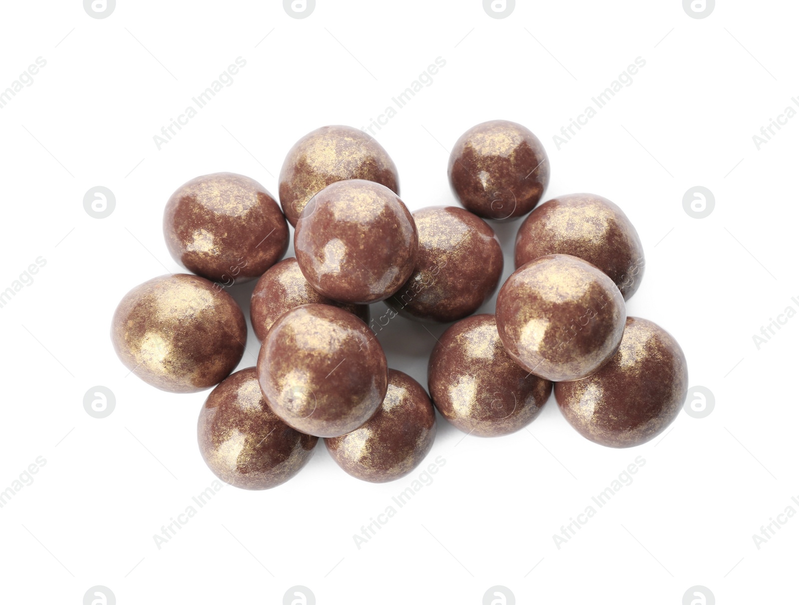 Photo of Delicious golden chocolate candies on white background, top view