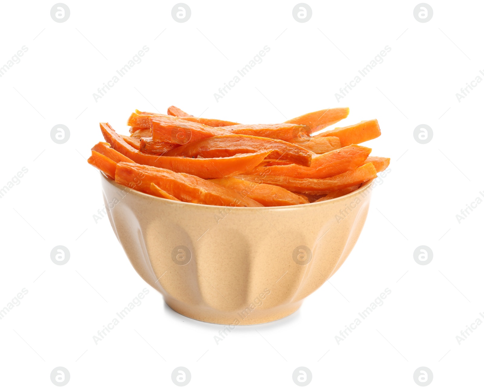 Photo of Bowl with tasty sweet potato fries on white background