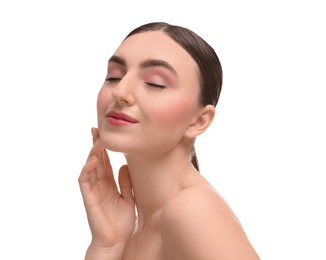 Portrait of beautiful woman on white background