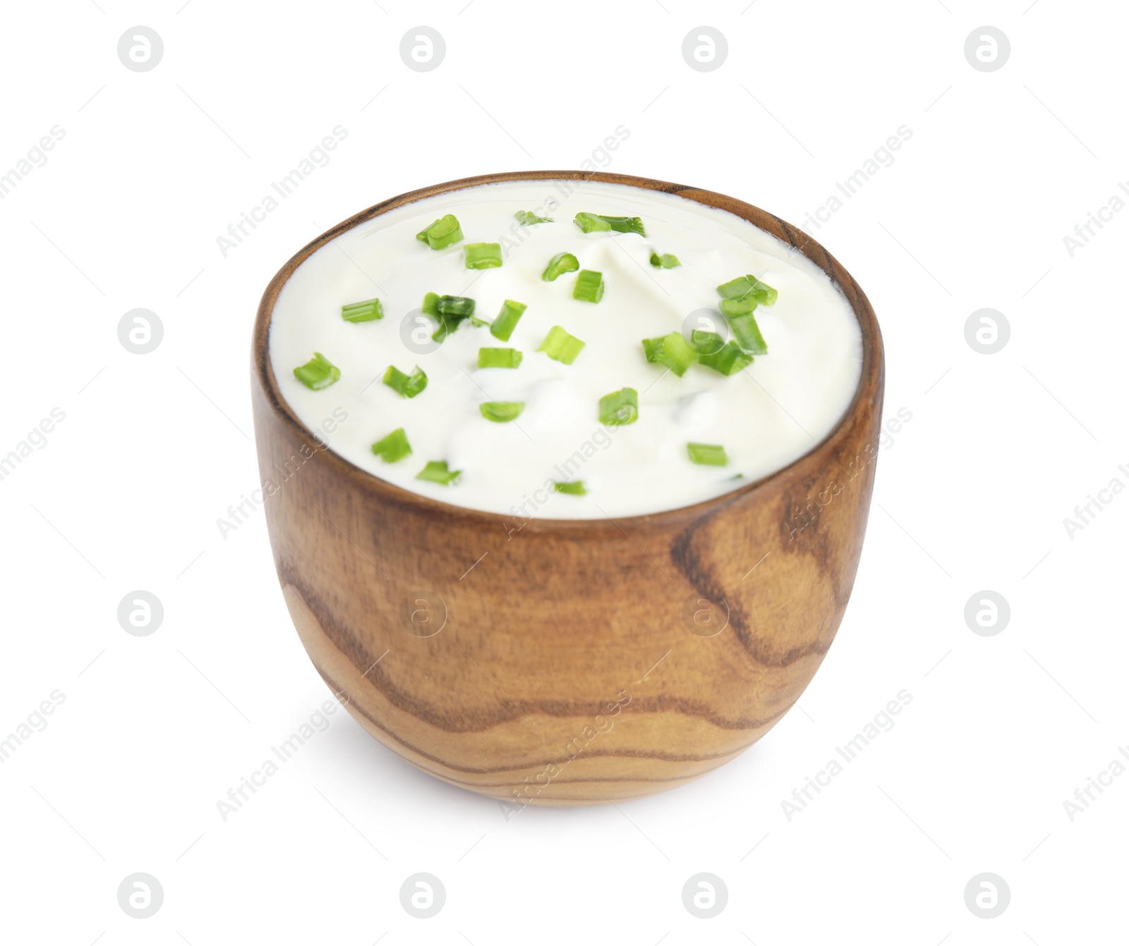 Photo of Fresh sour cream with onion on white background