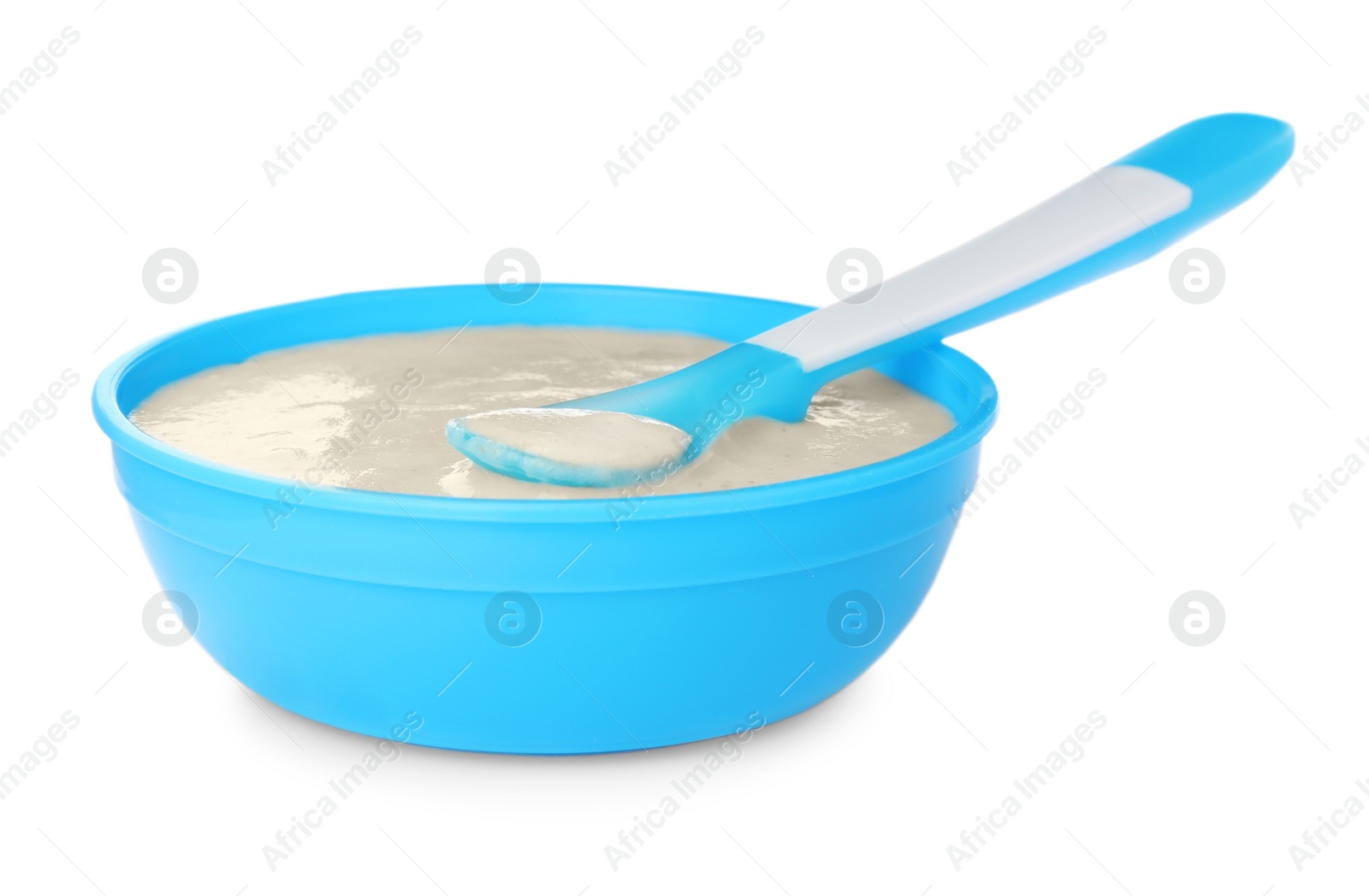 Photo of Healthy baby food in bowl on white background