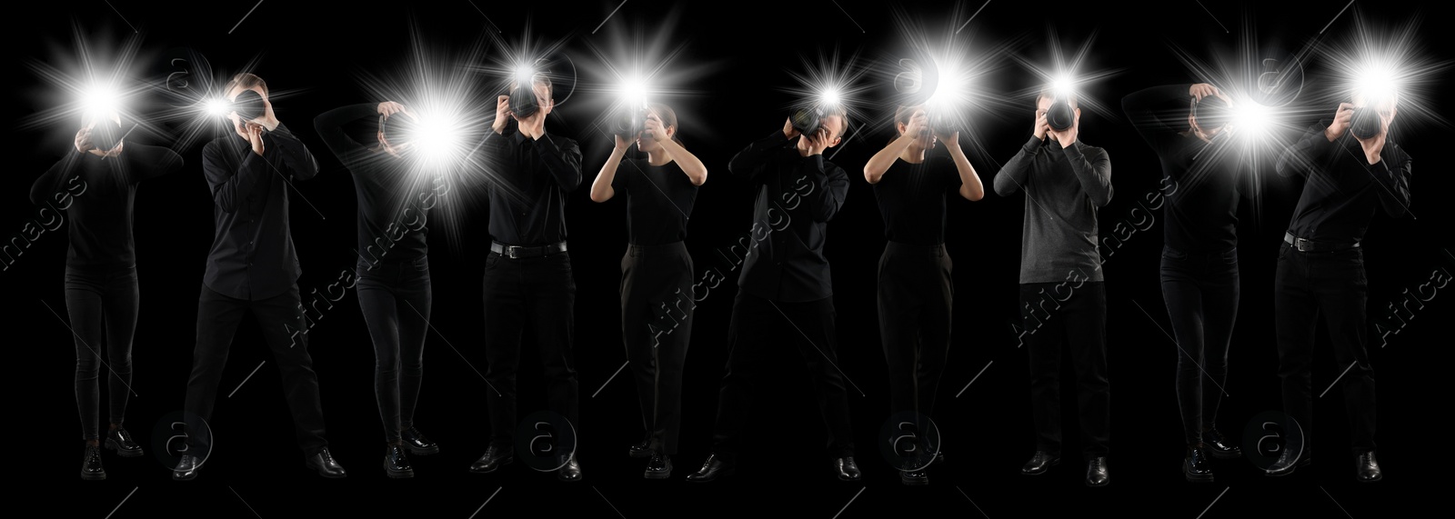 Image of Group of photographers with cameras on black background, banner design. Paparazzi taking pictures with flashes