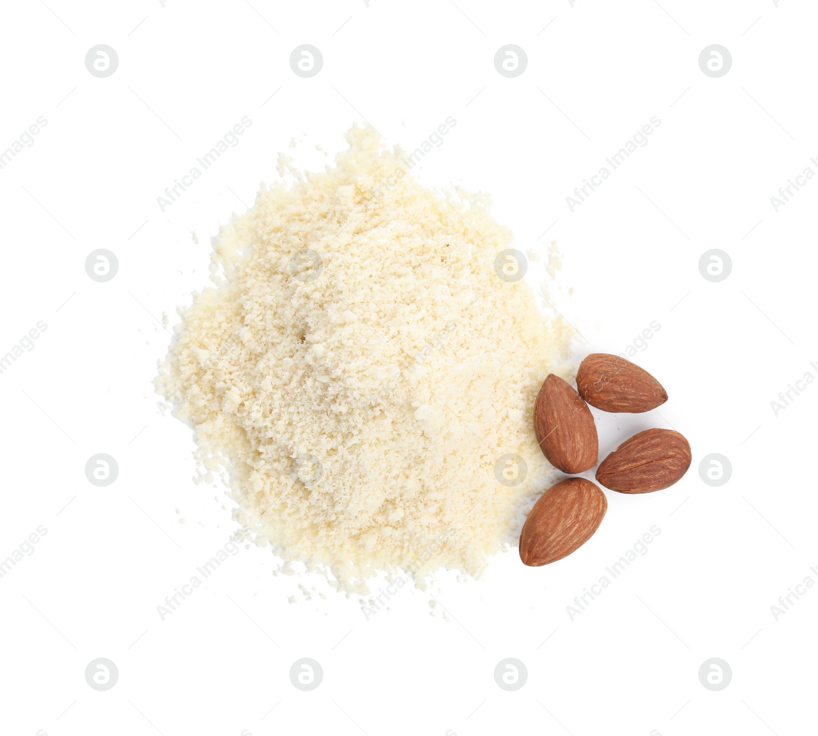 Photo of Pile of almond flour and nuts isolated on white, top view