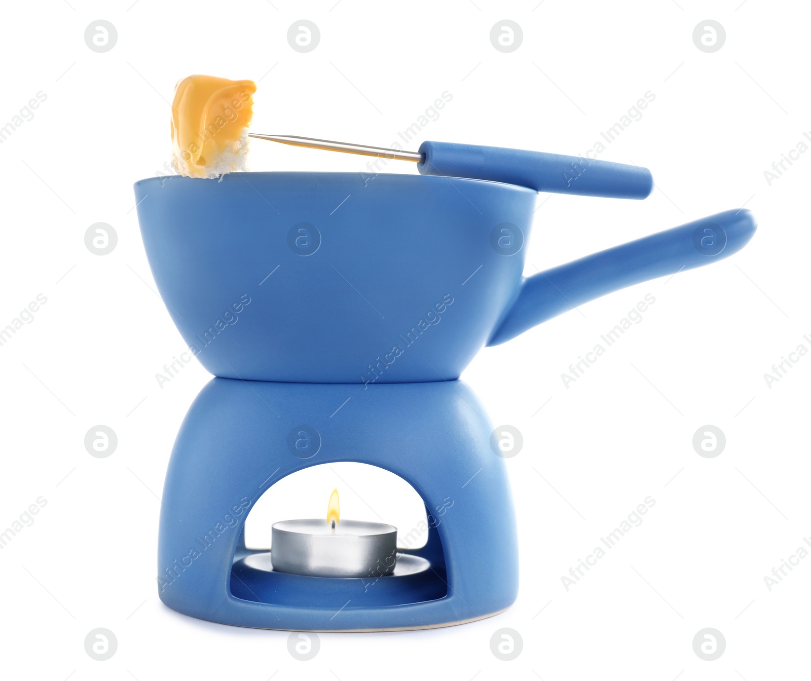 Photo of Pot of tasty cheese fondue and fork with bread isolated on white