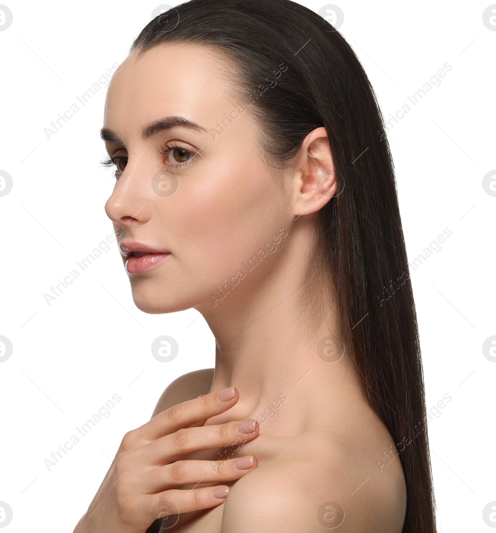 Photo of Portrait of beautiful young woman on white background