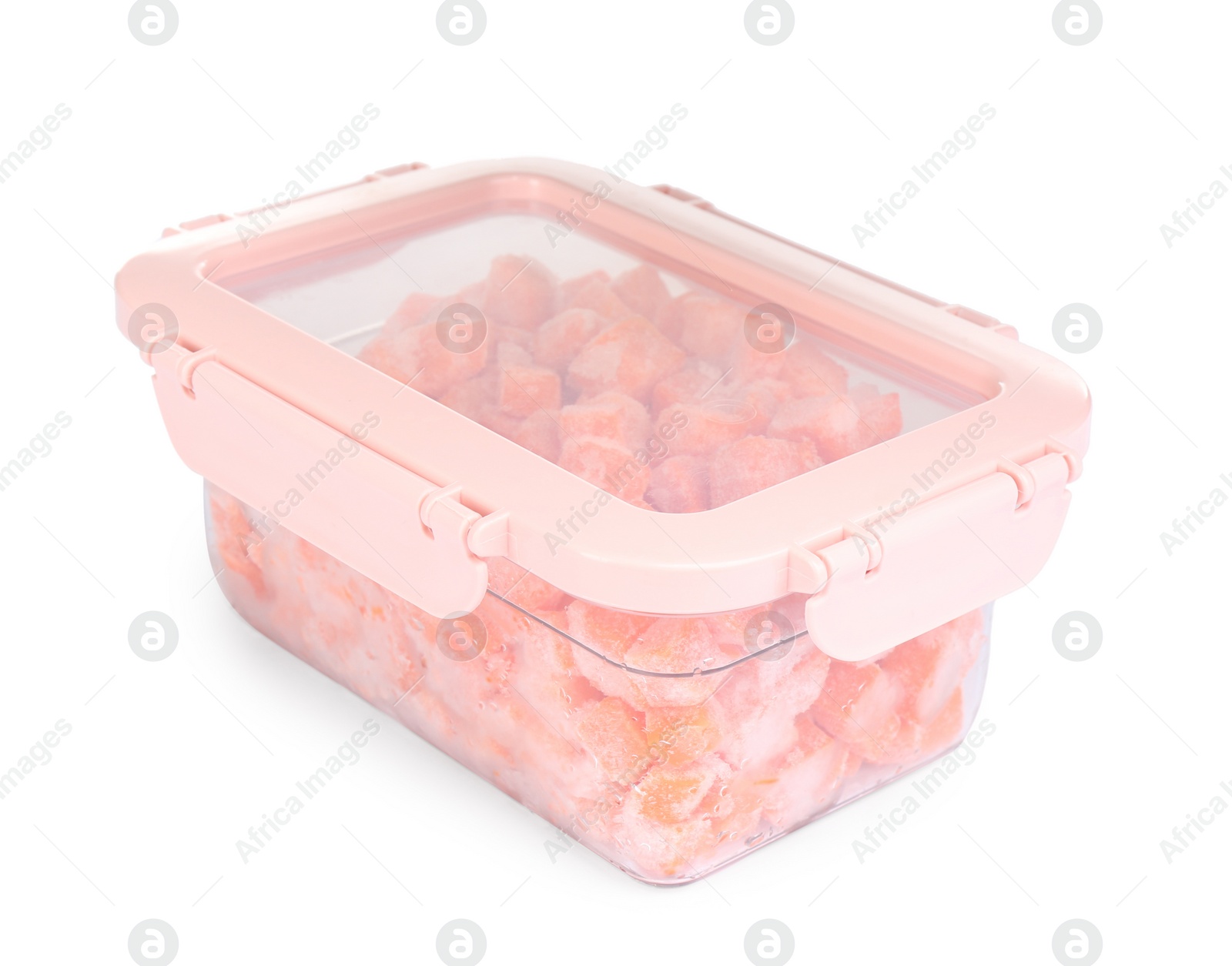 Photo of Frozen carrots in plastic container isolated on white. Vegetable preservation