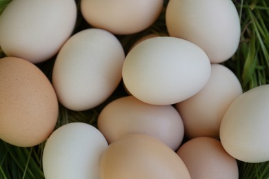 Photo of Fresh raw eggs on green grass, top view