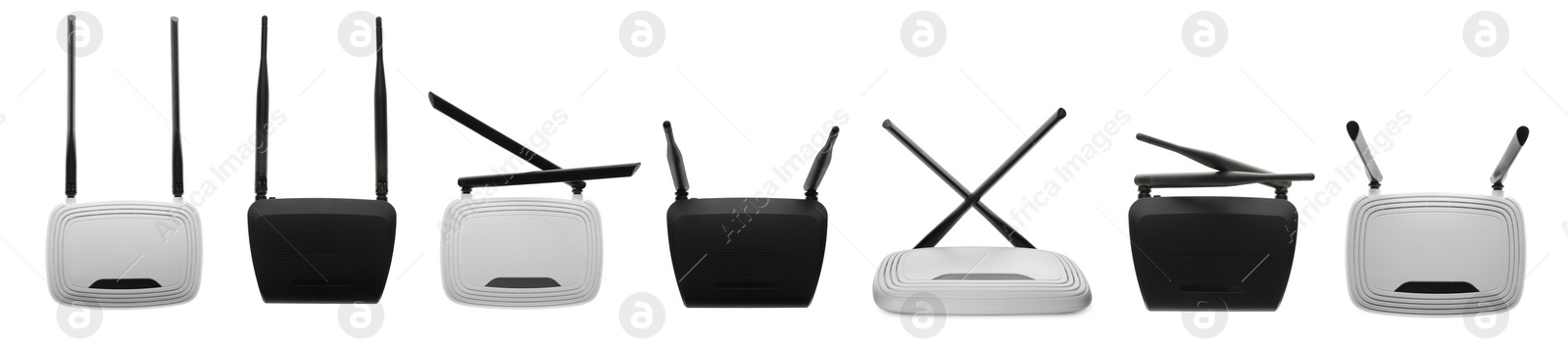 Image of Set with modern Wi-Fi routers on white background. Banner design