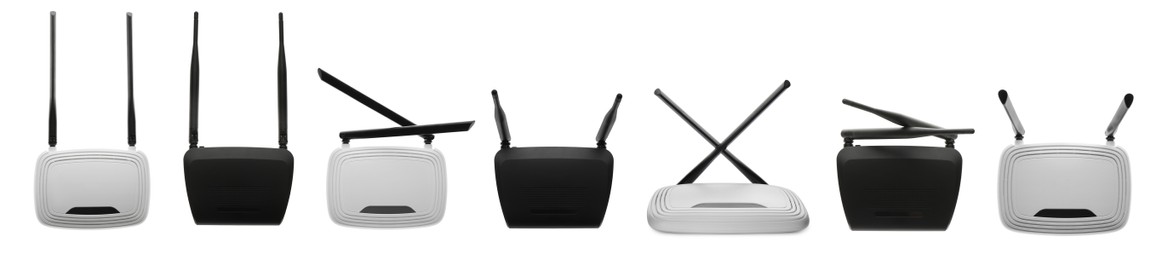 Image of Set with modern Wi-Fi routers on white background. Banner design