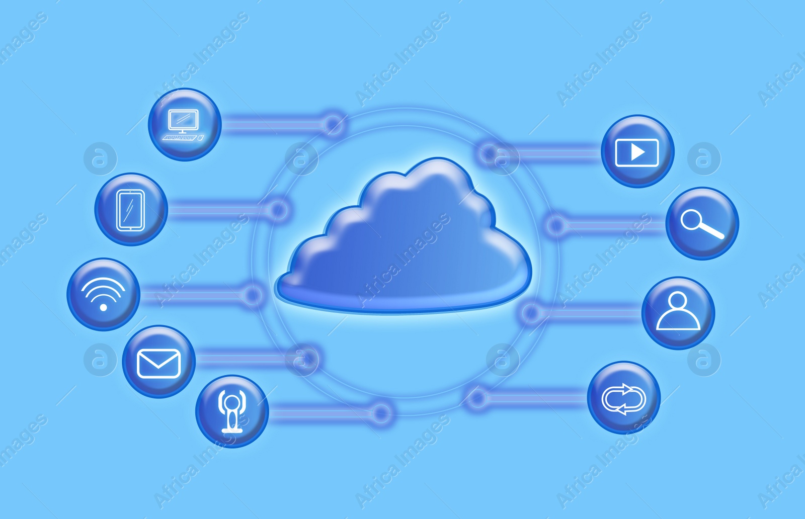 Illustration of  digital cloud with different icons on blue background. Modern technology concept 