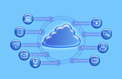 Illustration of  digital cloud with different icons on blue background. Modern technology concept 