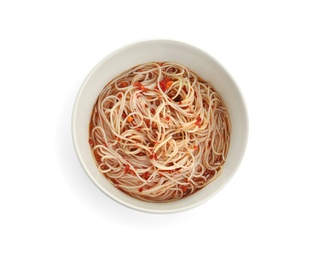 Photo of Bowl of noodles with broth and spices isolated on white, top view