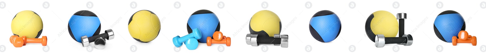 Image of Set with medicine balls and dumbbells on white background. Banner design