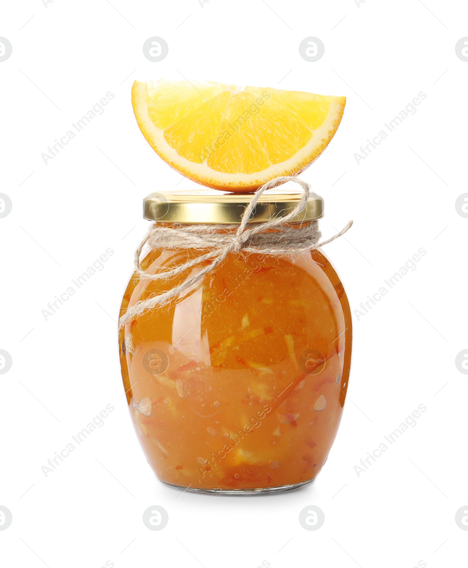 Photo of Delicious orange marmalade in glass jar with citrus fruit slice isolated on white