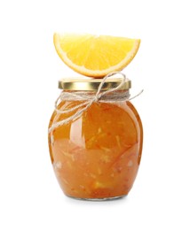 Photo of Delicious orange marmalade in glass jar with citrus fruit slice isolated on white