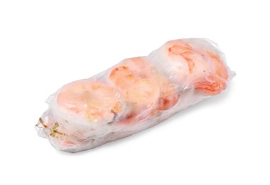 Photo of Tasty spring roll with shrimps wrapped in rice paper isolated on white