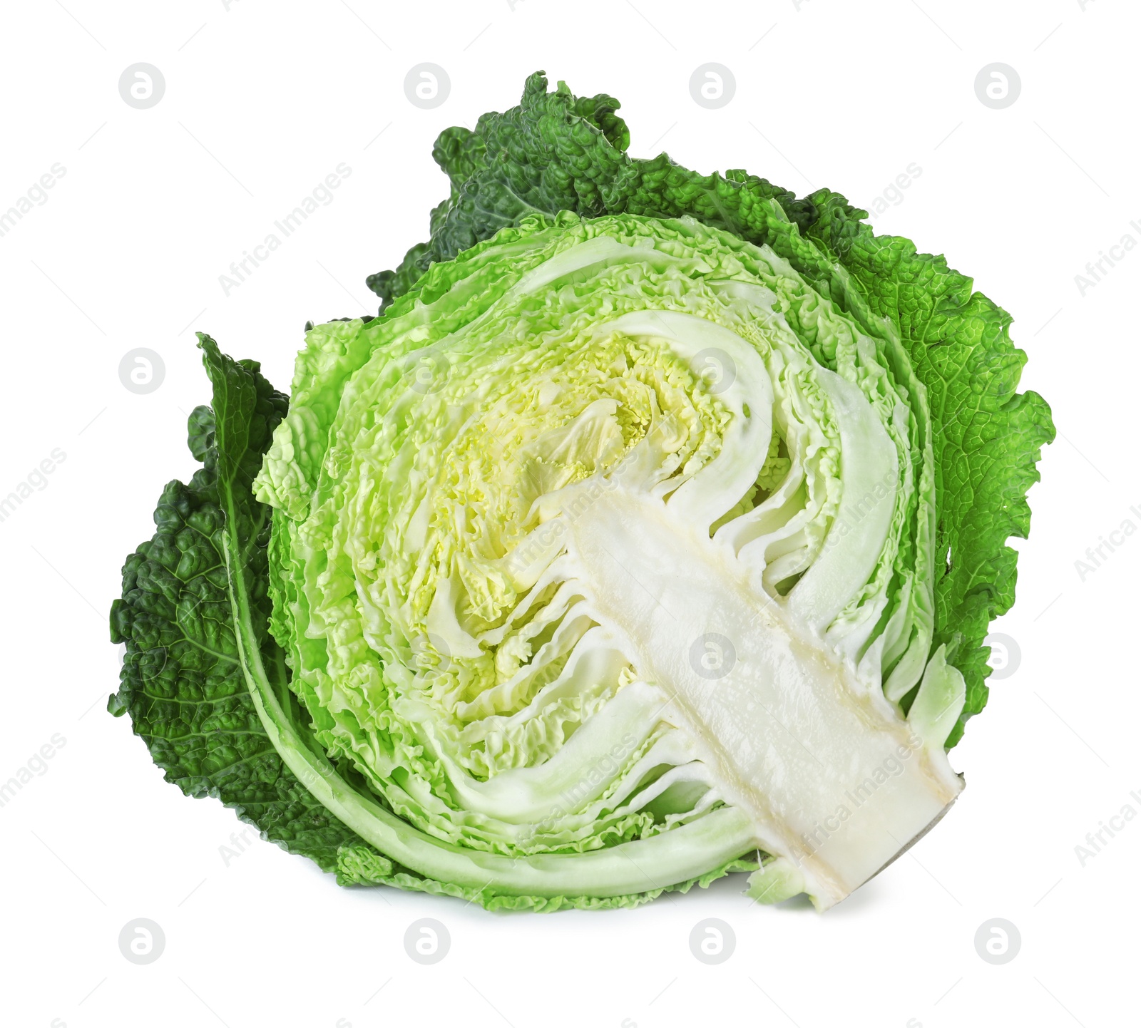 Photo of Half of fresh green savoy cabbage on white background