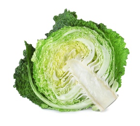 Half of fresh green savoy cabbage on white background