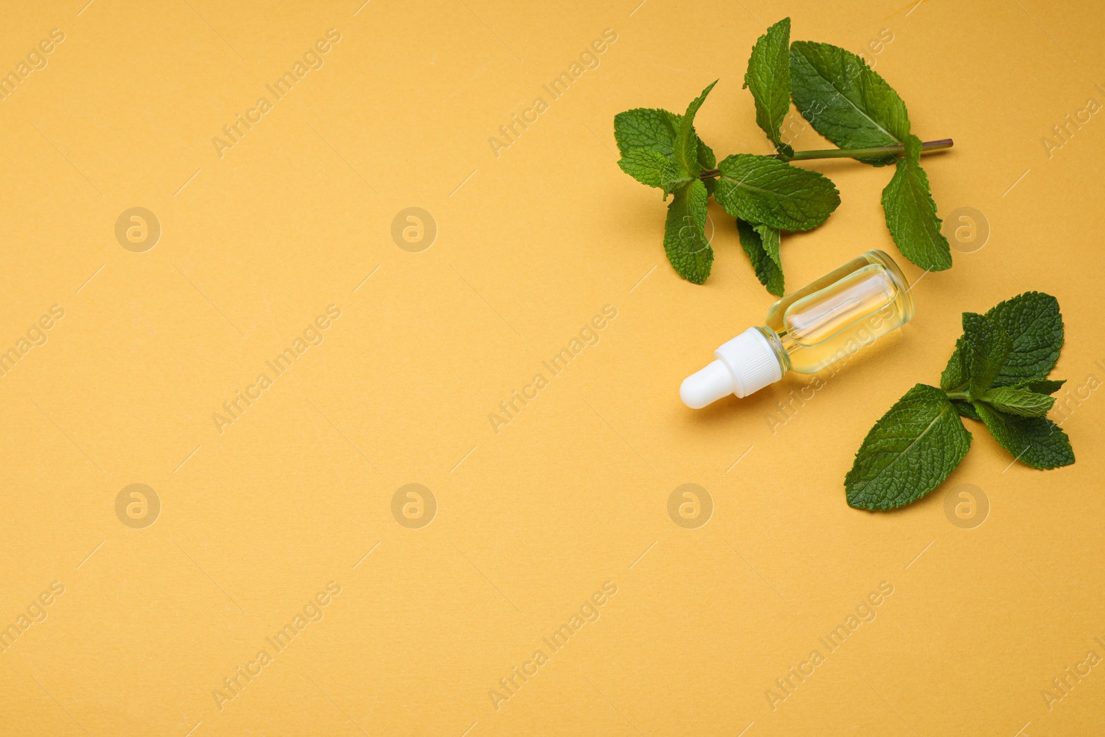 Photo of Bottle of essential oil and mint on pale orange background, above view. Space for text