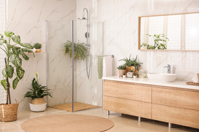 Stylish bathroom interior with countertop, shower stall and houseplants. Design idea