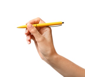 Photo of Young woman holding pen on white background, closeup