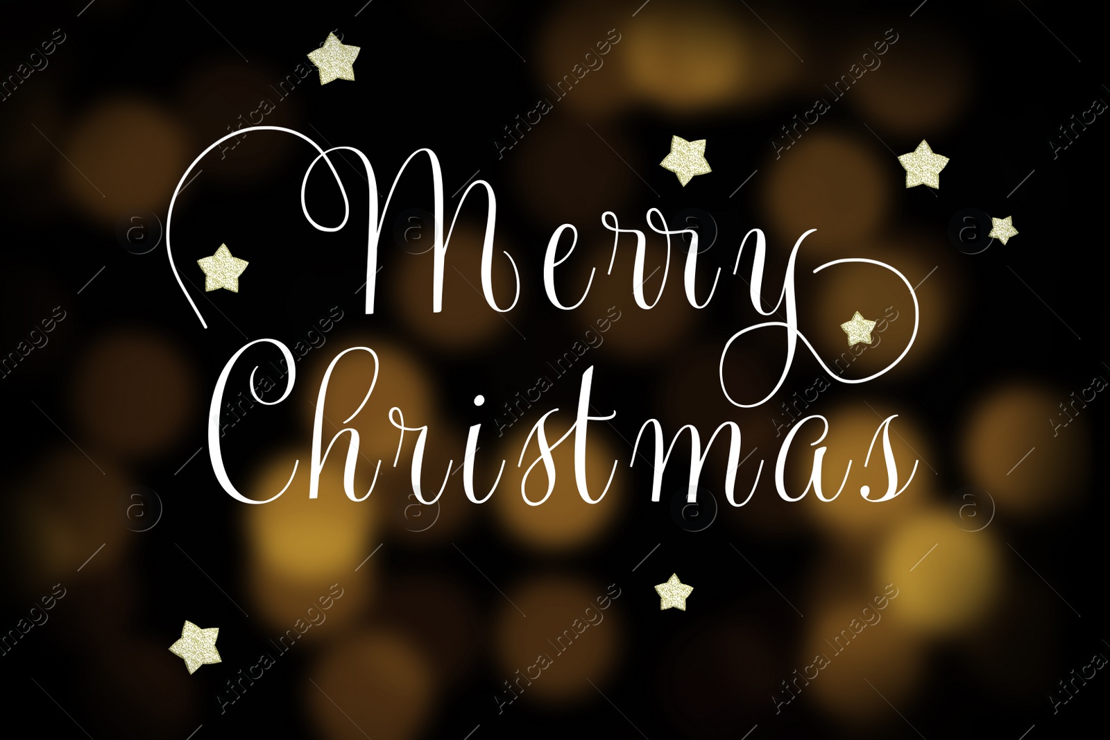 Image of Blurred view of beautiful lights and phrase Merry Christmas. Holiday greeting card design 