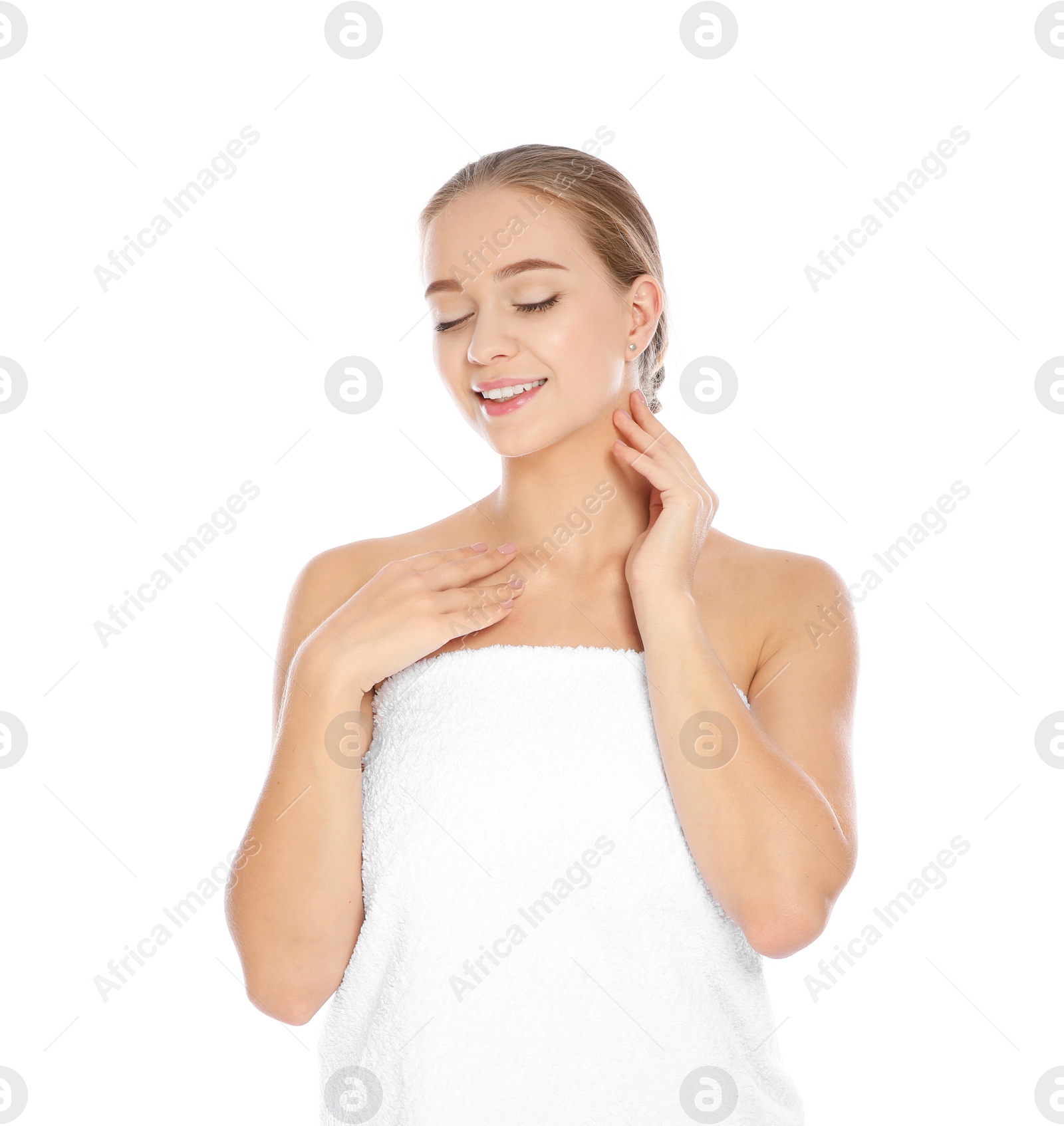 Photo of Portrait of young pretty woman with towel on white background