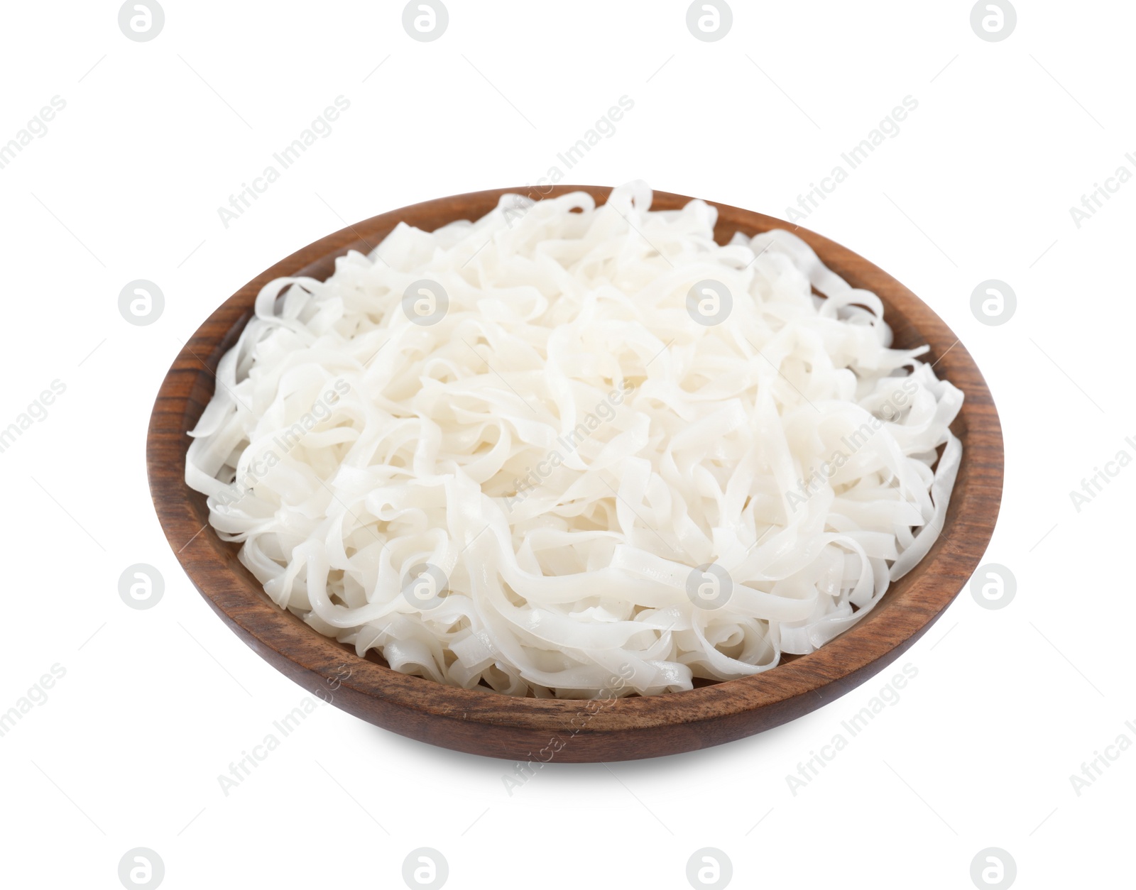 Photo of Wooden bowl of tasty cooked rice noodles isolated on white