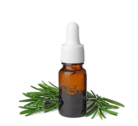 Photo of Bottle with rosemary essential oil and fresh herb on white background