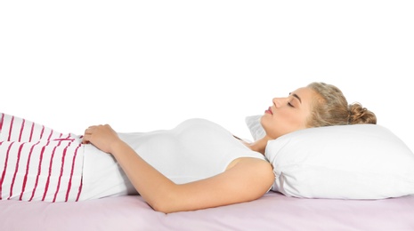 Photo of Beautiful woman sleeping with comfortable pillow on bed against white background