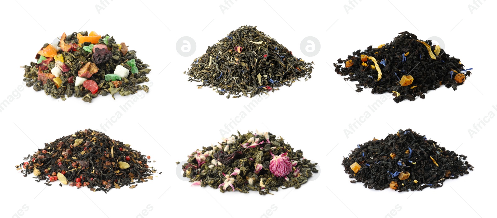 Image of Set with aromatic herbal tea on white background