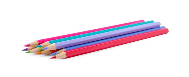 Photo of Pile of colorful wooden pencils on white background