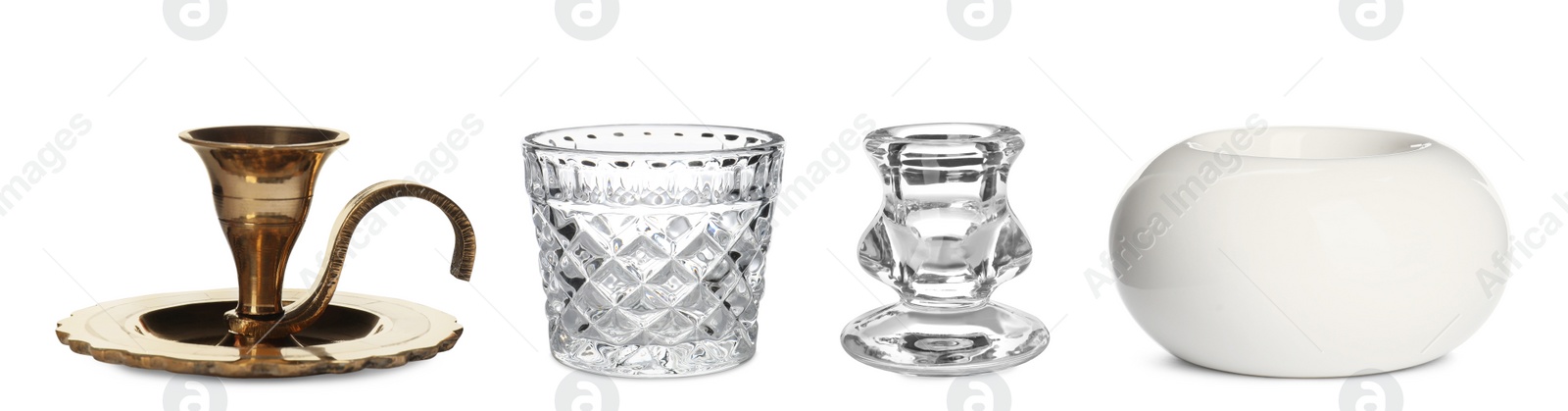 Image of Set with different stylish candlesticks and holders on white background, banner design