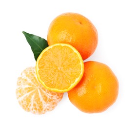Photo of Fresh ripe juicy tangerines with green leaf on white background, top view