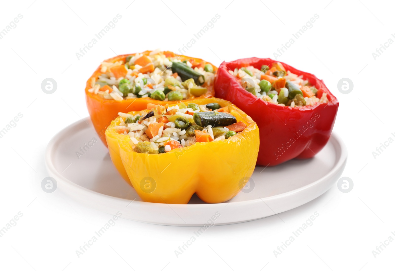 Photo of Tasty stuffed bell peppers isolated on white