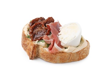 Delicious sandwich with burrata cheese, ham and sun-dried tomatoes isolated on white