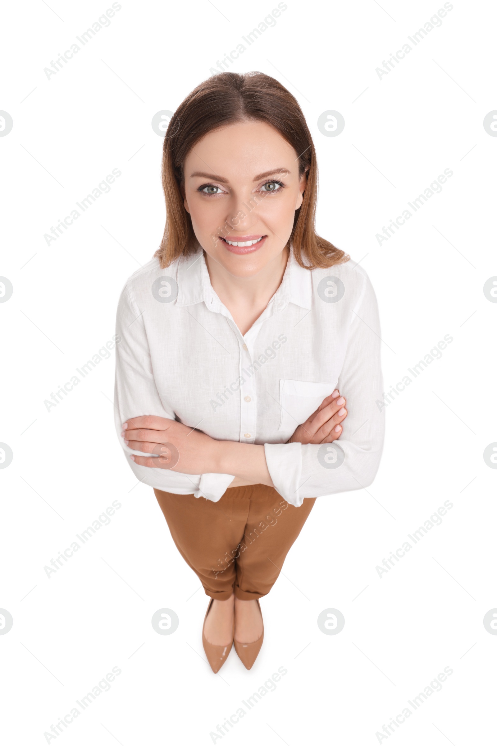 Photo of Beautiful happy businesswoman on white background, above view