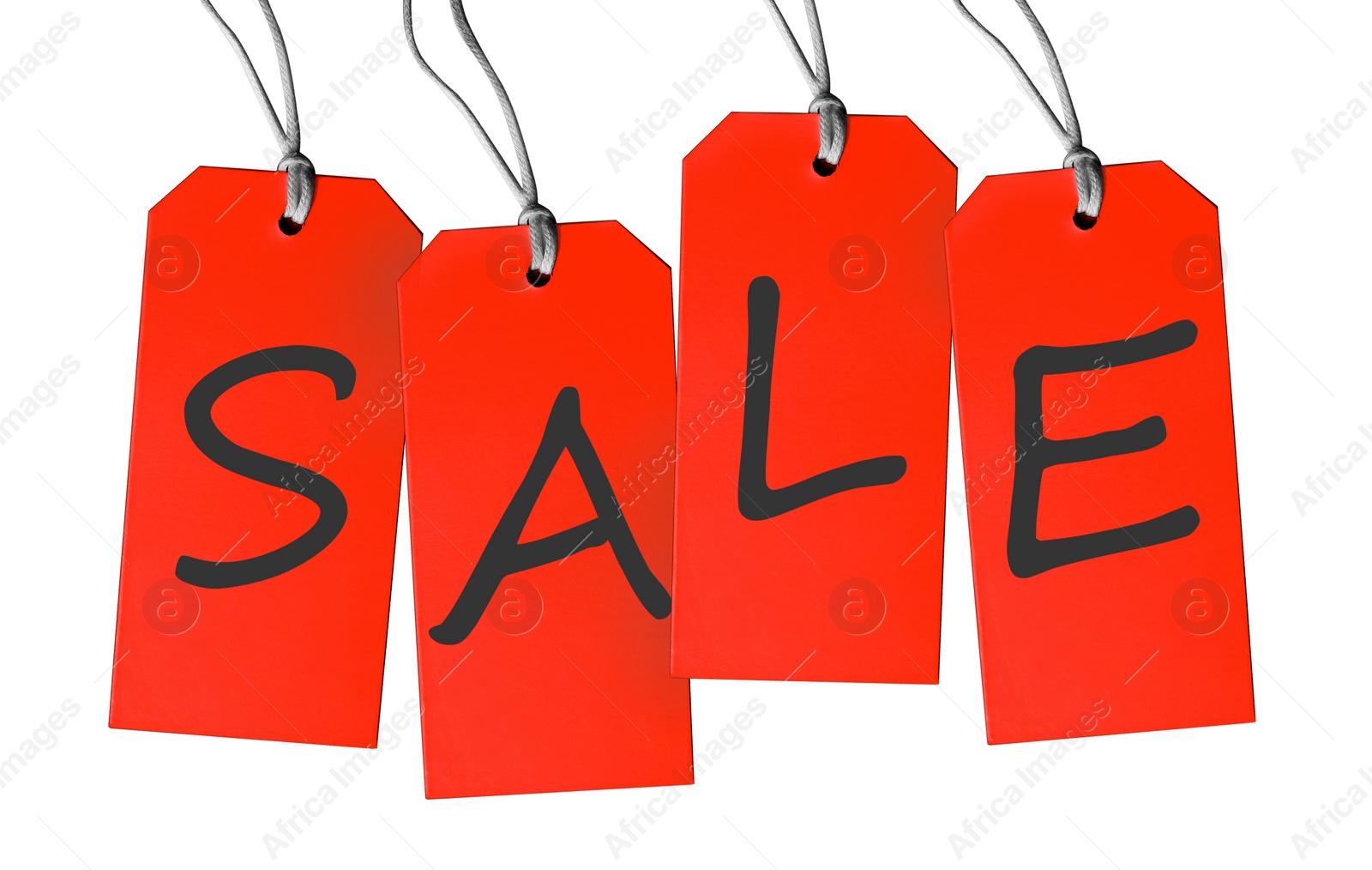 Image of Cardboard tags with word SALE on white background