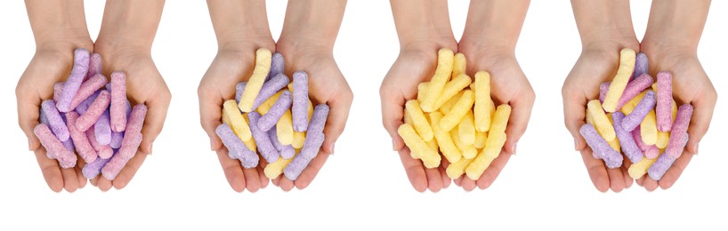 Image of Photos of woman with colorful corn puffs on white background, top view. Collage design