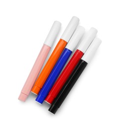 Many different colorful markers on white background, top view