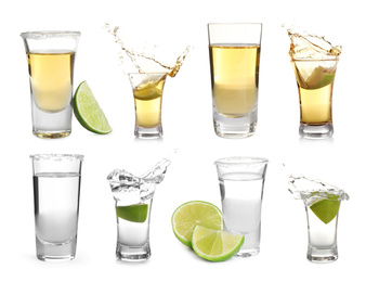Image of Set of different Mexican Tequila shots on white background