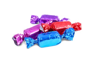 Photo of Tasty candies in colorful wrappers isolated on white