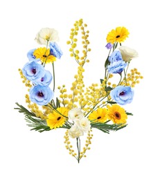 Image of Coat of arms of Ukraine made with beautiful flowers on white background