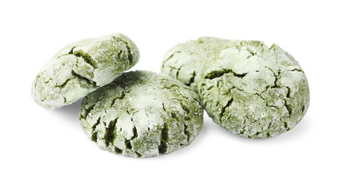 Photo of Many tasty matcha cookies on white background